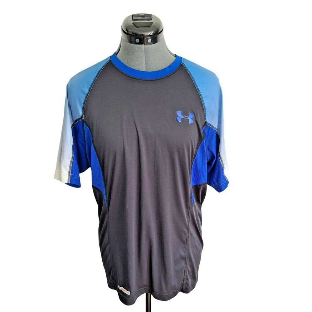 Under Armour HeatGear Mens Large Blue Black Fitted Mesh Back Training Shirt